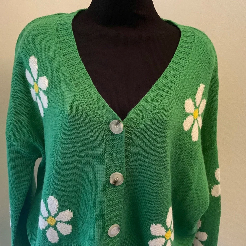 Just Polly New York Green Daisy Floral Knit Cardigan Sweater‎ Womens Small